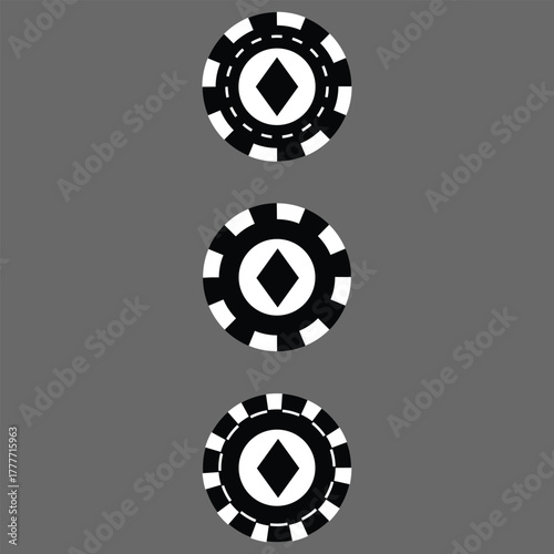 Poker chips icons vector set. Casino poker chip symbol. Gamble graphic elements collection. Gambling coins, tokens with card signs, poker chips.