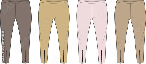 Four Pairs of Stylish Slim-Fit Leggings in Various Neutral Colors with Zippers at the Ankle Cuffs