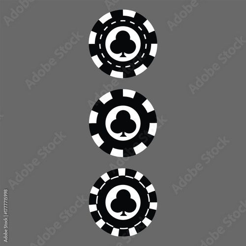 Poker chips icons vector set. Casino poker chip symbol. Gamble graphic elements collection. Gambling coins, tokens with card signs, poker chips.