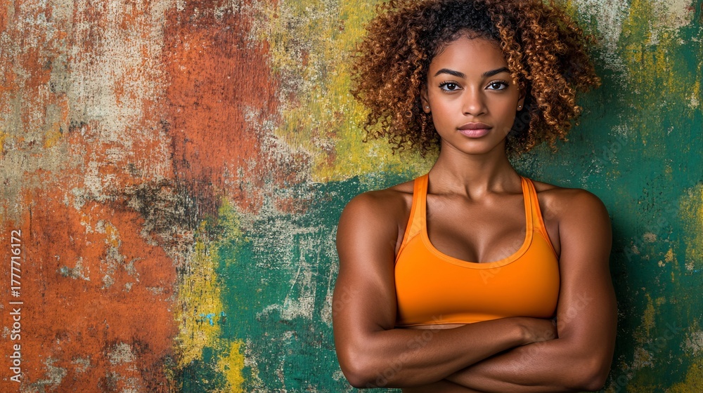 Fototapeta premium confident athletic woman with curly hair wearing orange sports bra standing with arms crossed against colorful textured wall background