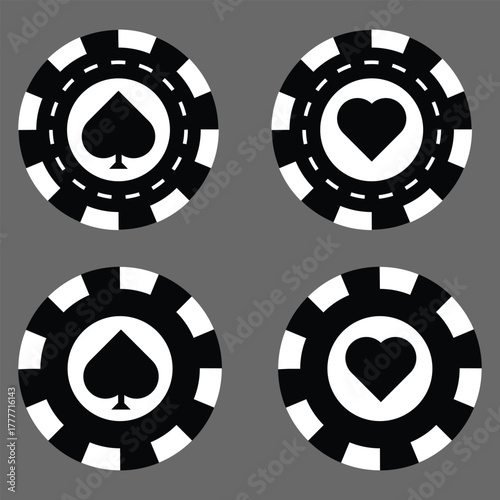 Poker chips icons vector set. Casino poker chip symbol. Gamble graphic elements collection. Gambling coins, tokens with card signs, poker chips.
