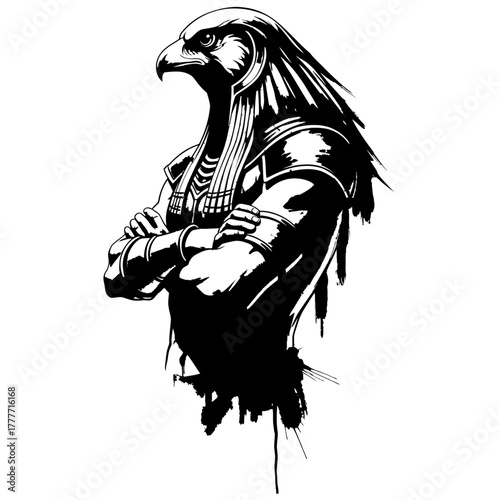 Stylized black and white illustration of the Egyptian god Horus with a falcon head and crossed arms