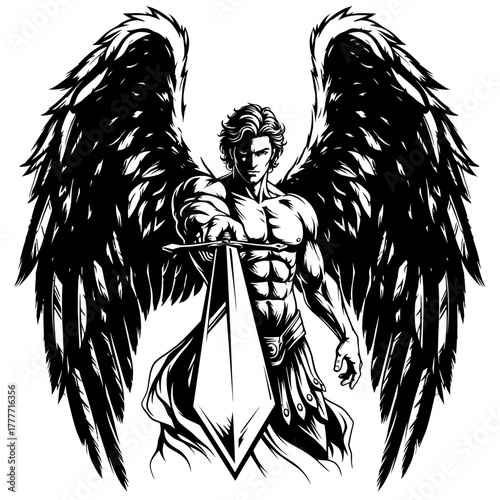 Muscular archangel with large black feathered wings holding a sword depicted in a bold black and white style