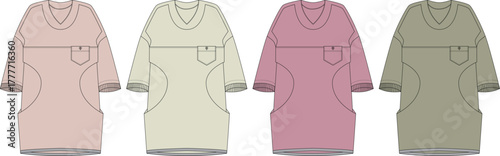 Technical flat sketch collection of a women's V-neck tunic sweater dress with pockets, shown in multiple color options for apparel design and manufacturing