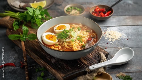 赤い辛味スープに麺と具材が調和するラーメンの美しい盛り付け