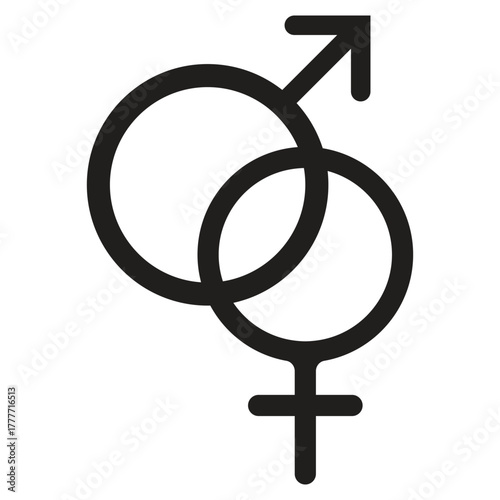 Male and Female gender symbols vector illustration. Mars and Venus icons representing man and woman. Sex, relationship, and equality concept. Black silhouette design element.