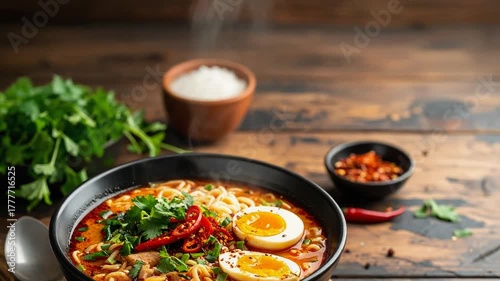 木製テーブルに置かれた熱々のラーメンが食欲を誘うスープ料理