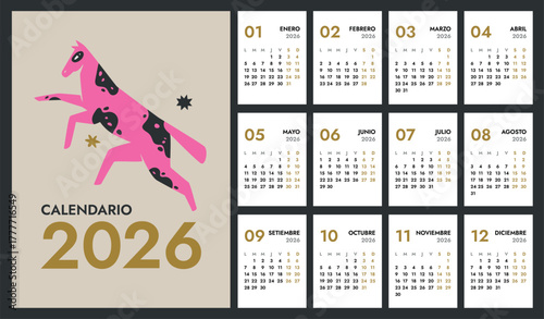 2026 full monthly vertical A4 calendar template with Horse on cover. Spanish months names