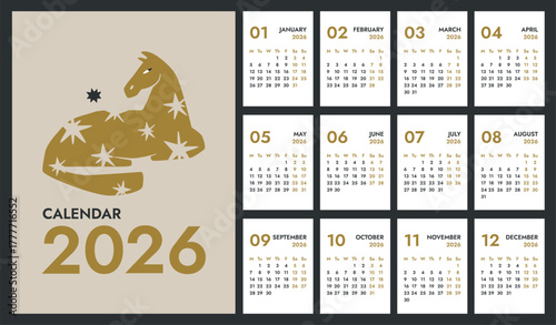 2026 full monthly vertical A4 calendar template with Horse on cover. Weeks start Monday