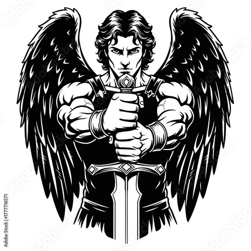 Powerful winged warrior with dark wings holding a sword black and white vector art