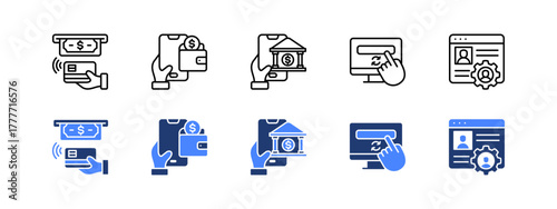 Contactless payment, Digital wallet, Online banking, Subscription, Account management with two styles, line and duotone icon.