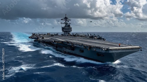 力強い波を受けながら進む航空母艦と離発着する戦闘機が描く壮大な海上風景