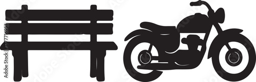 vintage motorcycle and park seating rustic bench icon silhouette vector illustration
