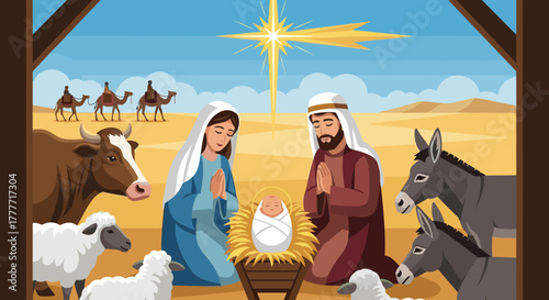 Nativity Scene Illustration with Baby Jesus Mary Joseph and Animals Under Star of Bethlehem