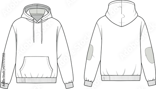 Front and back technical fashion sketch, hoodie with kangaroo pocket, drawstring hood, ribbed cuffs, elbow patch detail, garment design template