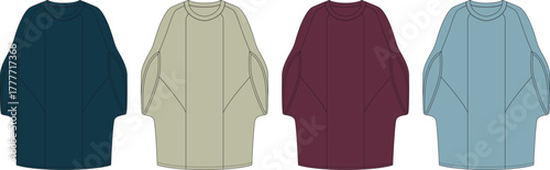 Set of four flat fashion sketches of crew neck, long sleeve, mid-length oversized sweater dresses in different colors