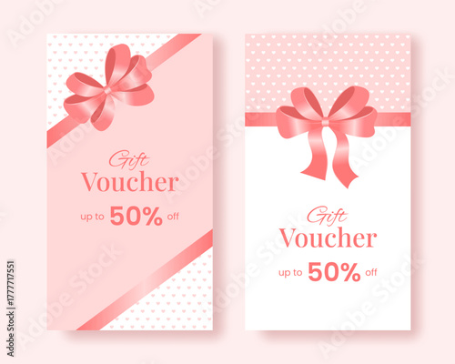 Elegant pink Gift Voucher Coupon discount for Happy Valentine's Day celebration and holiday symbols with shiny satin ribbons and heart patterns. Perfect for beauty salons, fashion stores, Valentine's