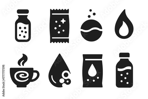 Powdered Beverage Icons. Solid style icons of powdered beverage design: tea dust vial, instant blend packet, foam-activated drink