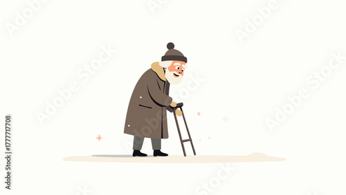Elder with crutch in snow walking slowly in minimal winter landscape wearing long brown coat and hat, concept of quiet solitude and dignity