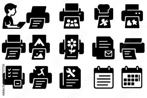 Home Printing Icons. Solid style icons of home printing: student printing homework, family photo print, recipe sheet, school