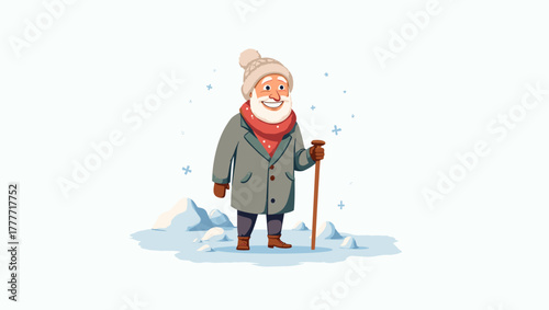 Elder with crutch in snow smiling man in green coat and red scarf standing on icy background, concept of warmth and friendliness during cold season