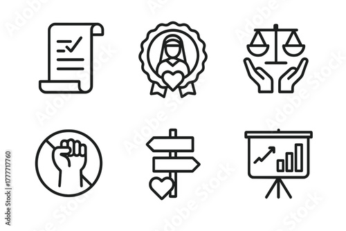 Voluntourism Ethics Icons. Line style icons of voluntourism ethics: informed consent scroll, respect culture badge, fair work