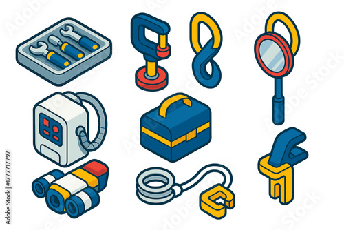 Space Exploration Tools. Isometric vector illustration set Space exploration – EVA tools tray, foot restraint, tether hook;