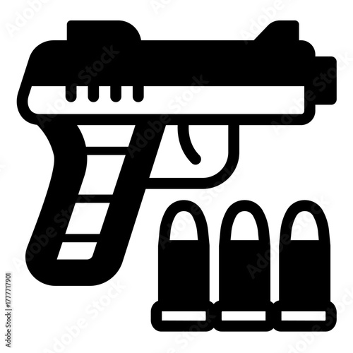 Pistol gun solid icon, police force concept. Vector graphics. Gun with three bullets, ammunition sign on white background, style icon mobile or web design.