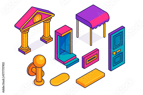 Colorful Architectural Icons. Isometric vector illustration set Entries – portico columns, pediment crown, tympanum relief; canopy