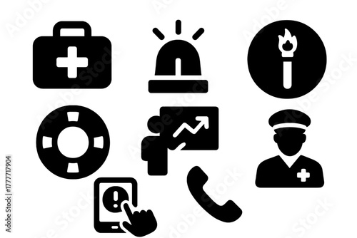 Emergency Rescue Icons. Solid style icons of emergency rescue kits: med bag glyph, beacon icon, flare badge. First aid ring,