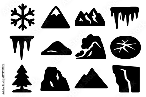 Winter Icon Set. Solid style icons of Snow and mountain: snowflake, snow-covered peak, mountain ridge, glacier, icicle, snowdrift,