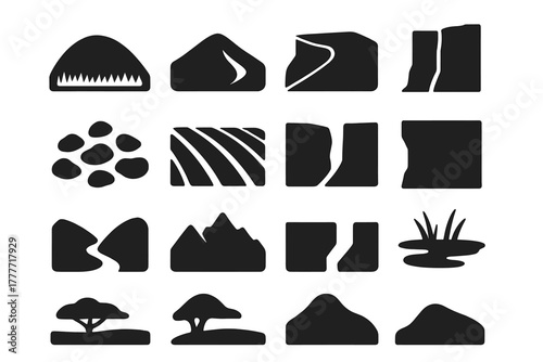 Solid Landform Icons. Solid style icons of land: grassy hill, desert dune, rocky cliff, fertile field, forest ground, farmland,