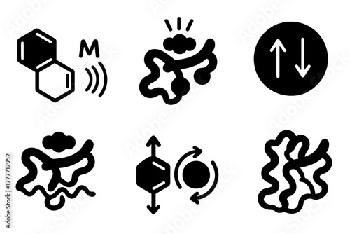 Cryptochrome Icons. Solid style icons of cryptochrome molecule studies: molecular symbol with magnet field, light-activated
