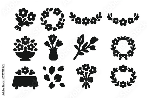 Floral Icon Set. Solid style icons of Floral decoration: bouquet, wreath, garland, floral crown, centerpiece, vase of flowers,