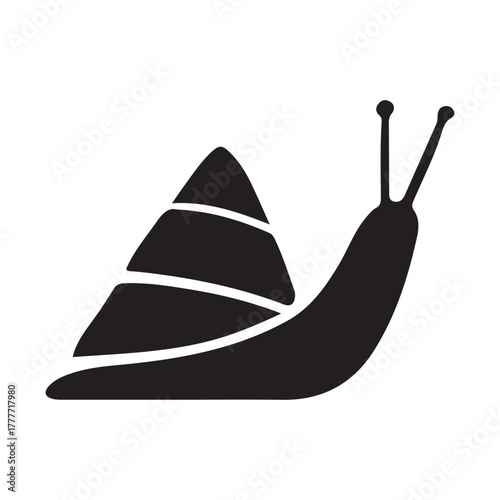 Black silhouette of a snail with a pointy shell, simple icon art