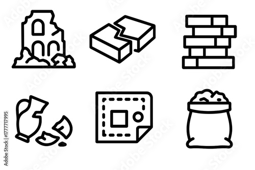 Disaster Archaeology Icons. Line style icons of Disaster Archaeology: earthquake ruin symbol, fault line diagram, shifted masonry,