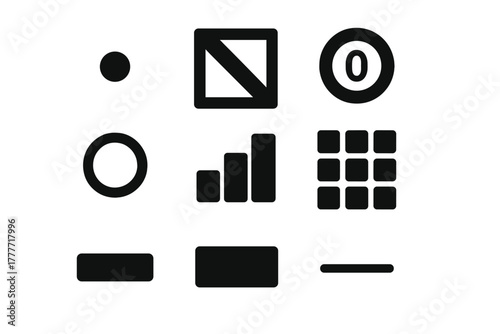 Minimalist Icon Set. Solid style icons of minimalist anti-language: dot glyph, silence block icon, null badge. Absence ring,