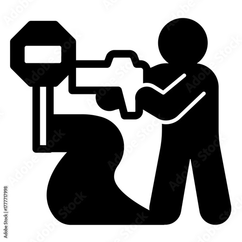 Patrolman and speed radar solid icon, police force concept. Vector graphics. Police man at road with signpost sign on white background, style icon mobile or web design.