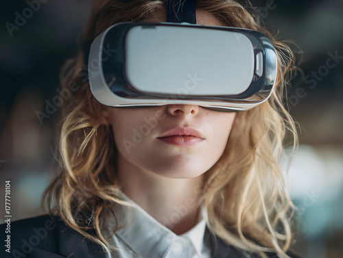 woman in business attire wearing VR headset in