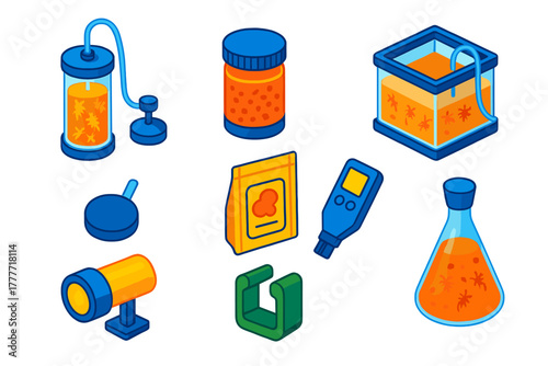 Aquarium Hatchery Essentials. Isometric vector illustration set Aquarium life – brine shrimp hatchery, eggs container, hatching