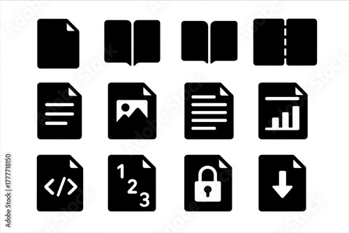 Solid Style Pages Icons. Solid style icons of Pages: single page, double pages, book page, open notebook page, printed page, page