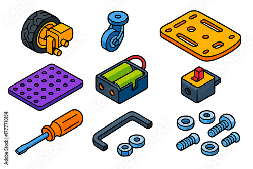 Robotics Kit Components. Isometric vector illustration set Robotics kits – line tracking wheels, caster wheel, chassis base;