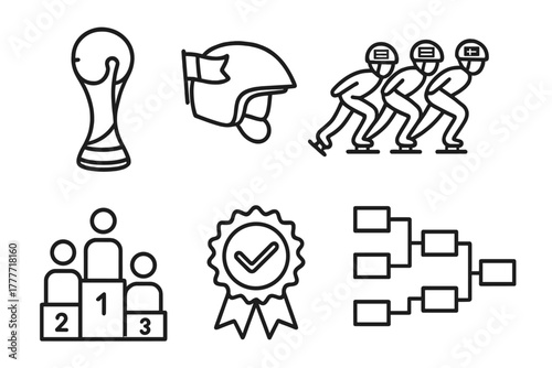 International Competition Icons. Line style icons of international competitions: world cup trophy, national flag on helmet,