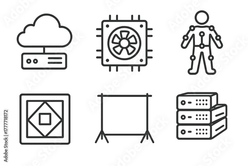 Fashion Tech Icons. Line style icons of fashion show technology: cloud server icon, GPU processor box, motion capture sensor, AR