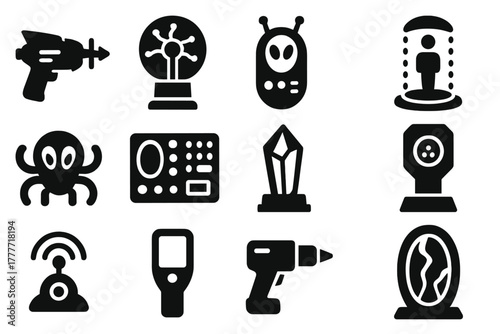 Alien Technology Icons. Solid style icons of alien technology: raygun, plasma orb, alien communicator, teleportation pad, alien