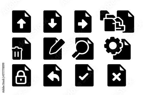 Solid File Icons. Solid style icons of File handling: upload file, download file, move file, copy file, delete file, rename file,