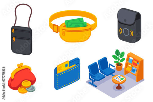 Travel Gear Essentials. Isometric vector illustration set Travel gear – neck wallet, money belt, RFID-blocking pouch; coin purse,
