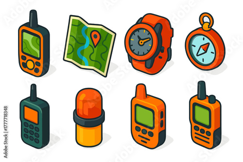 Camping Essentials Icons. Isometric vector illustration set Camping essentials – GPS device, paper map, topographic map; compass,