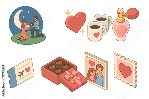 Romantic Icon Set. Isometric vector illustration set of Romantic & Love: moonlight proposal, spark heart icon, couple’s coffee