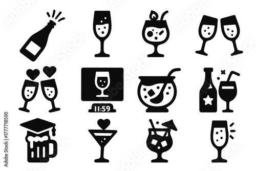 Celebratory Drink Icons. Solid style icons of celebration drinks: champagne popping, sparkling wine flute, birthday cocktail,